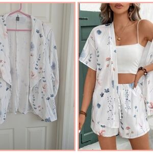White Floral Kimono and Shorts Set